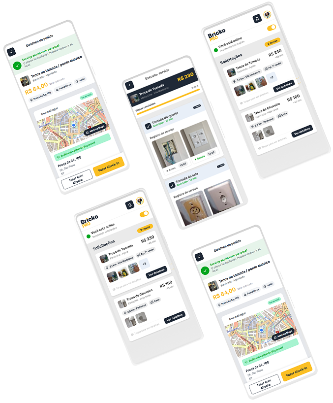 Telas do app Bricko Pro: lista de solicitações, detalhes do pedido com rota até o local e execução do serviço com registro de fotos de antes e depois.